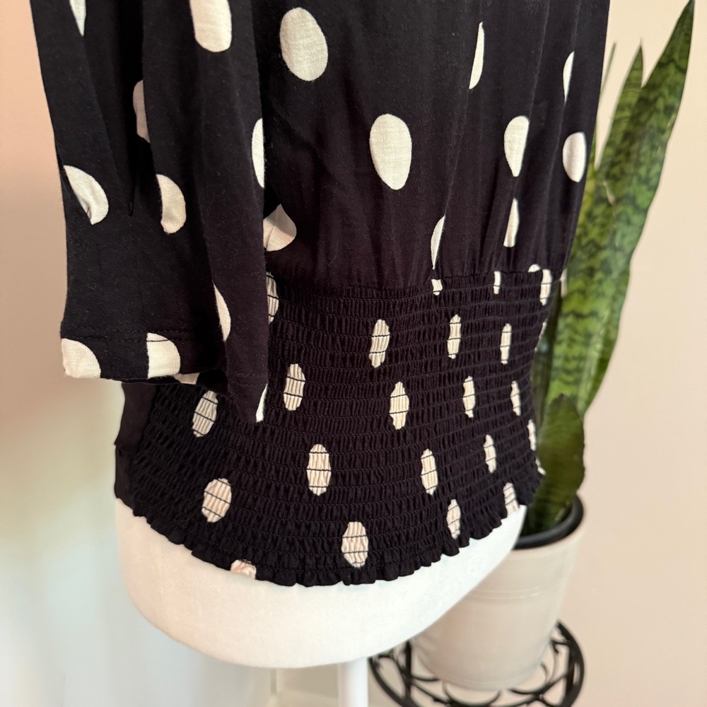 Anthropologie | Black and White Polka Dot Smocked Waist Blouse - Picture 4 of 11